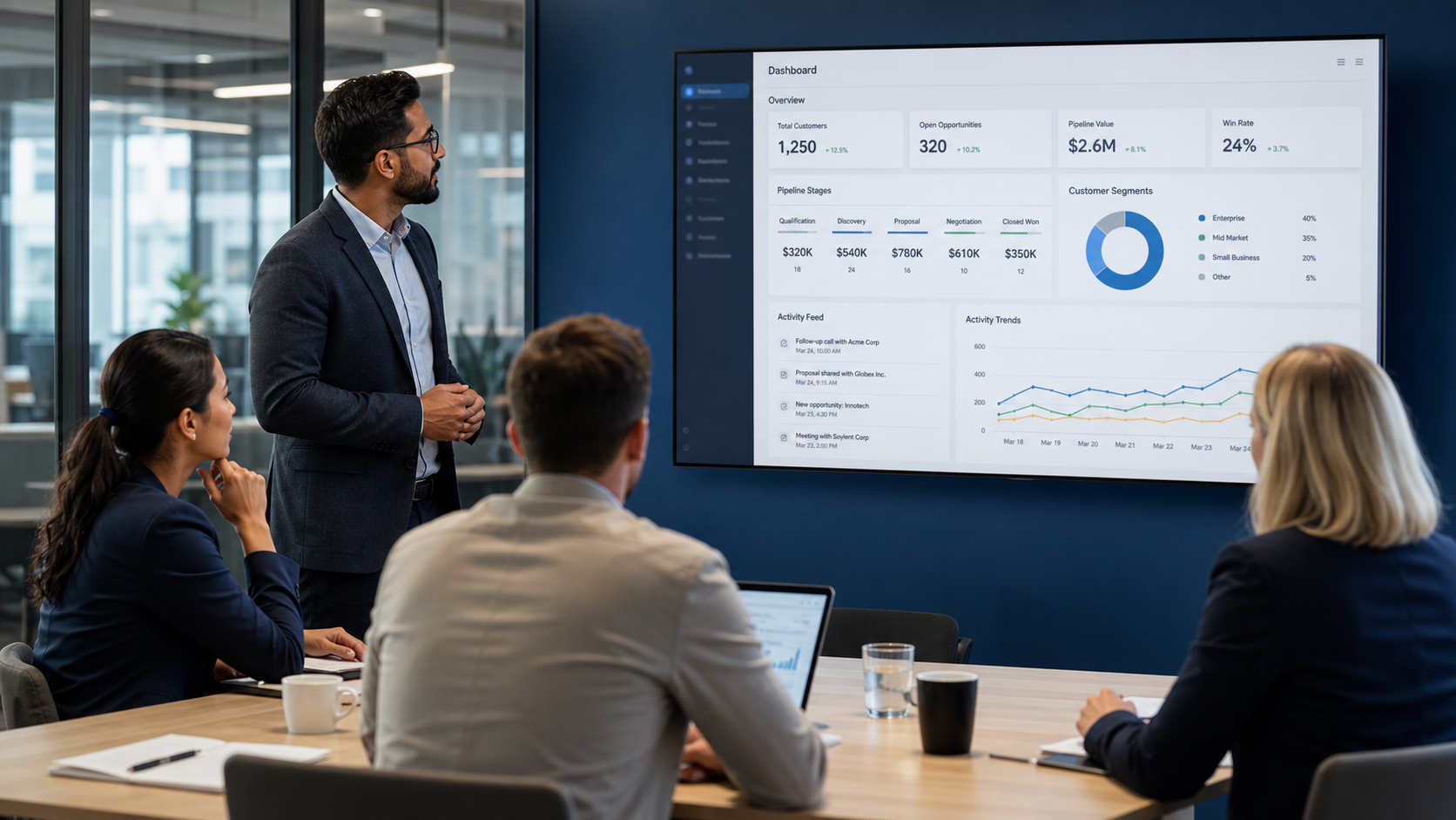 Team Reviewing CRM Dashboard in Meeting Room