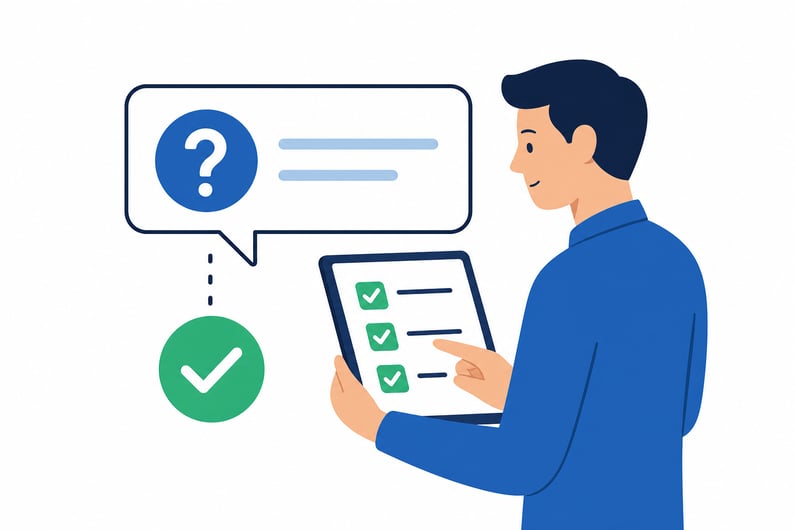 Text Box with Question Answer Icon and Person Checking List on Tablet